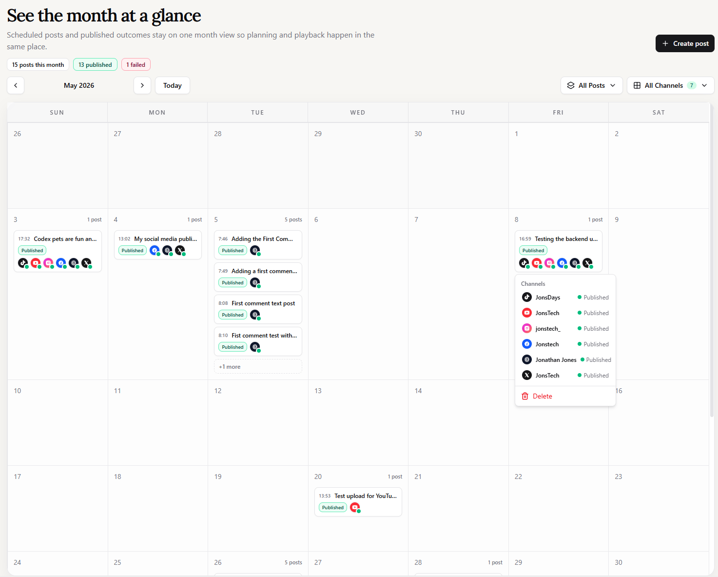 WooshOut content calendar with scheduled multi-platform posts.