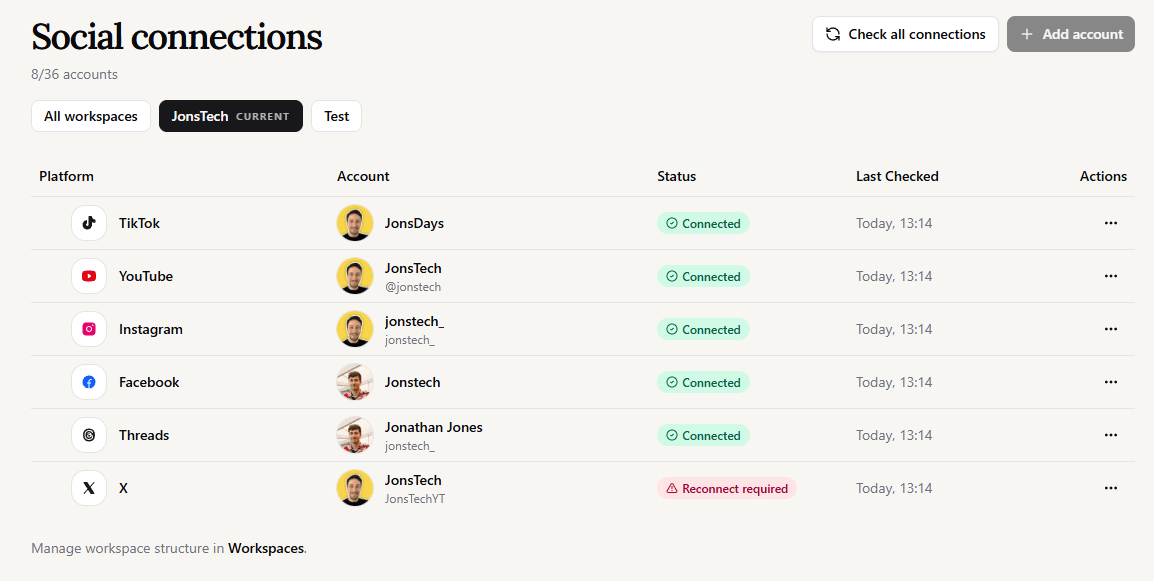 WooshOut connected social accounts and authorization health.