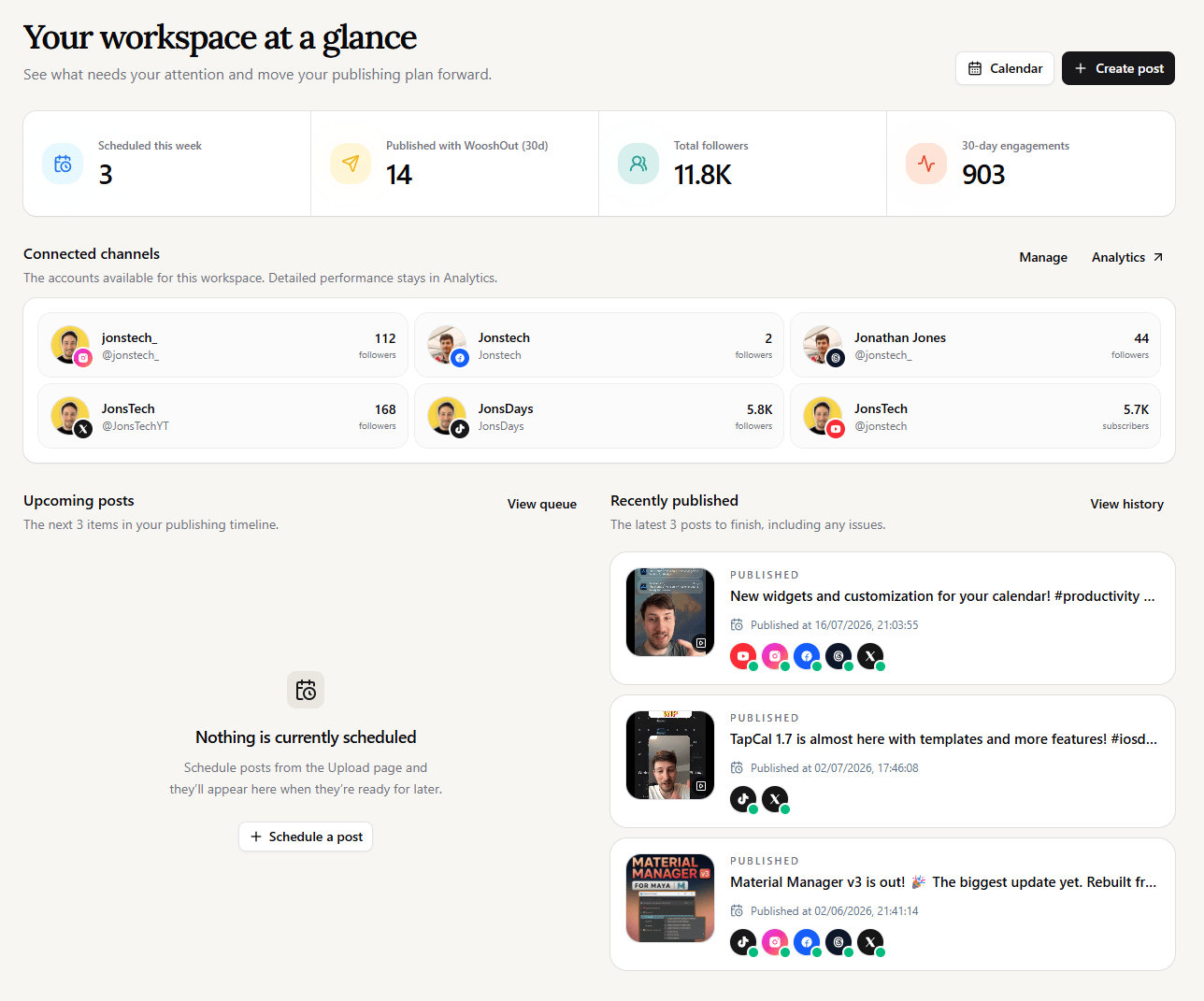WooshOut dashboard showing publishing, campaign, and analytics tools.