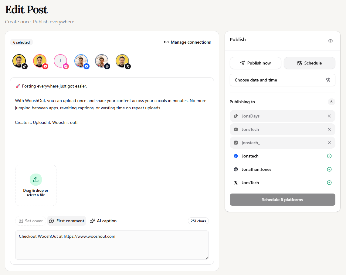 WooshOut composer for cross-posting content to multiple social platforms.