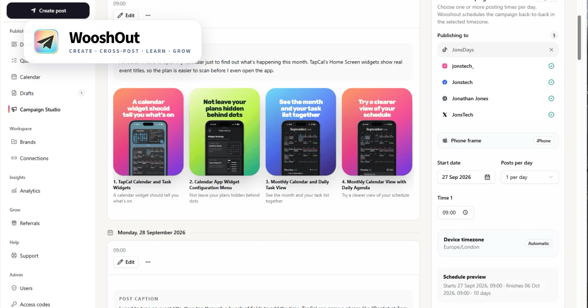 WooshOut Campaign Studio shows a series of colorful phone-frame carousel slides with captions, alongside a panel for choosing publishing accounts, a start date, posting frequency, and time.