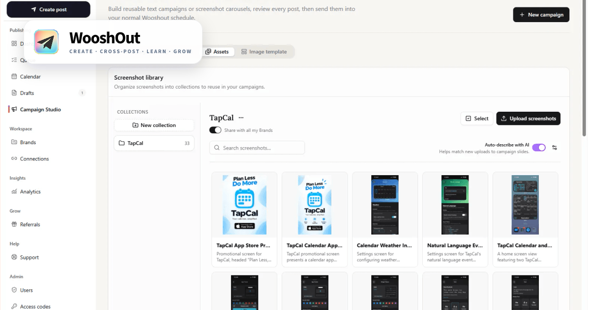 WooshOut Campaign Studio is open to the Assets tab, showing a TapCal collection and a grid of screenshot cards with controls to search, select, and upload screenshots.